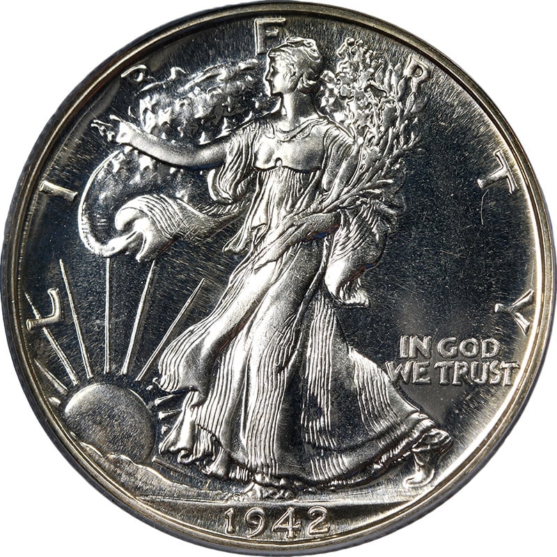 PCGS PR66 1942 Silver Walking Liberty Half Dollar Proof Gem Strong Strike: PCGS PR66 1942 Silver Walking Liberty Half Dollar Proof Gem Strong Strike This 1942 Walking Liberty Half Dollar is a proof coin graded PR66 by PCGS. Featuring a strong strike and blazing white luster,