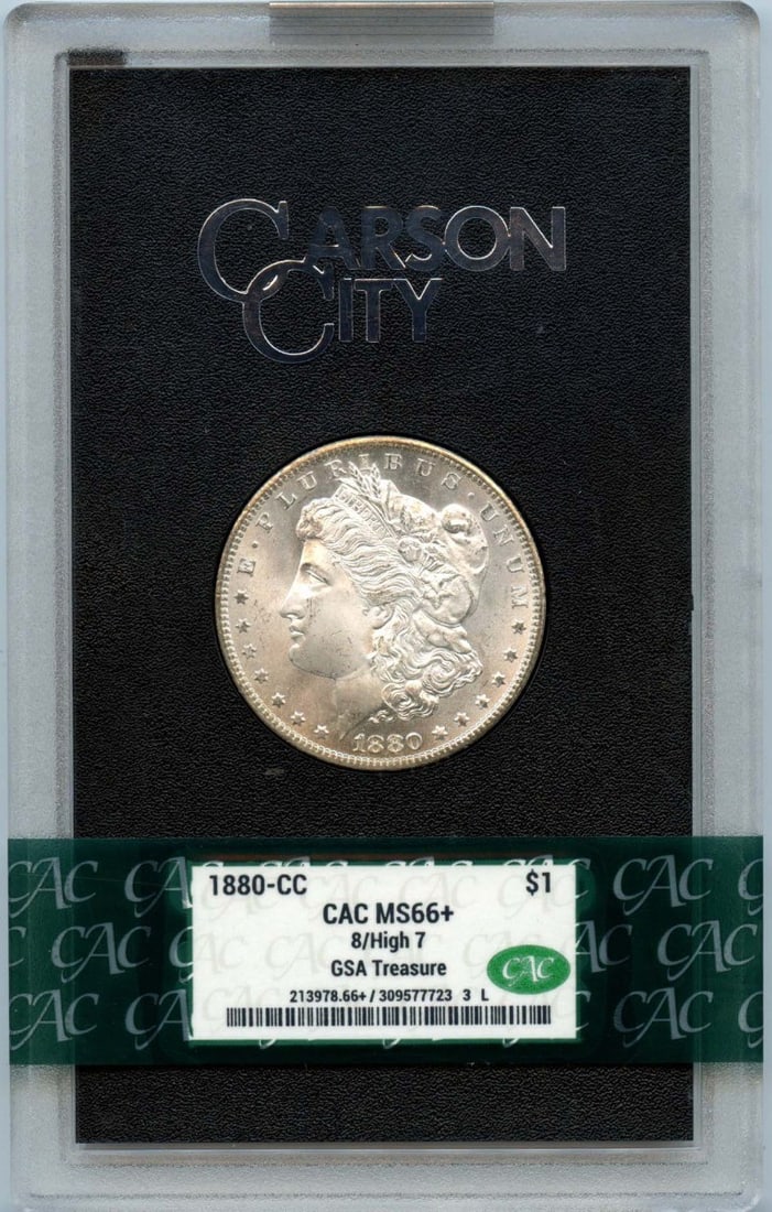 1880 Carson City Morgan Silver Dollar GSA VAM 5 CACG MS66 Plus CAC: 1880 Carson City Morgan Silver Dollar GSA VAM 5 CACG MS66 Plus CAC This is an 1880 Carson City Morgan Dollar, part of the GSA Hoard. It is certified by CACG with a grade of MS66+ and features the VAM 