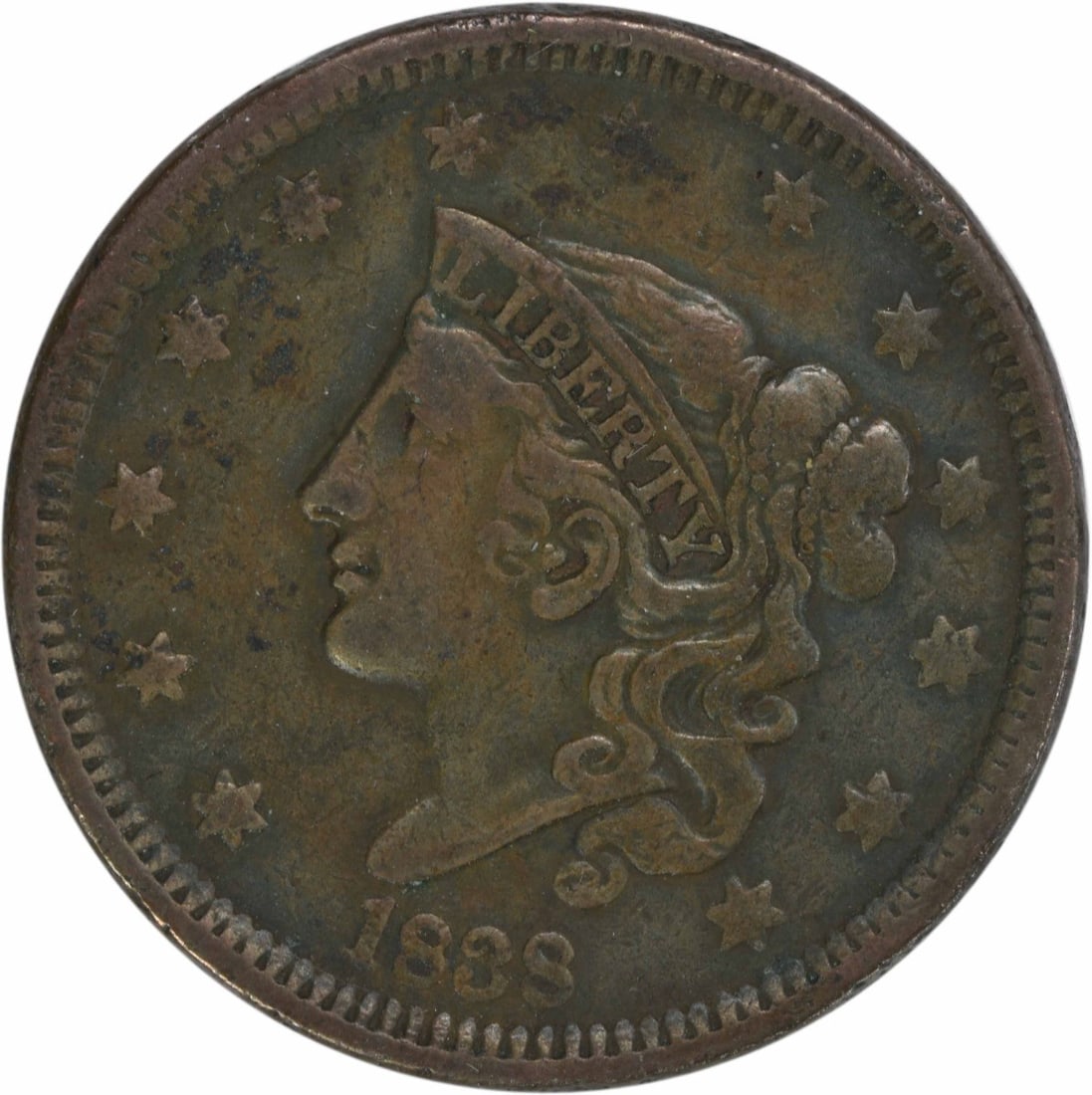 1838 Coronet Head Large Cent VF Uncertified Philadelphia Mint: 1838 Coronet Head Large Cent VF Uncertified Philadelphia Mint This 1838 Large Cent features the Coronet Head design by Gobrecht and is in Very Fine (VF) condition. Minted in Philadelphia, this coin is