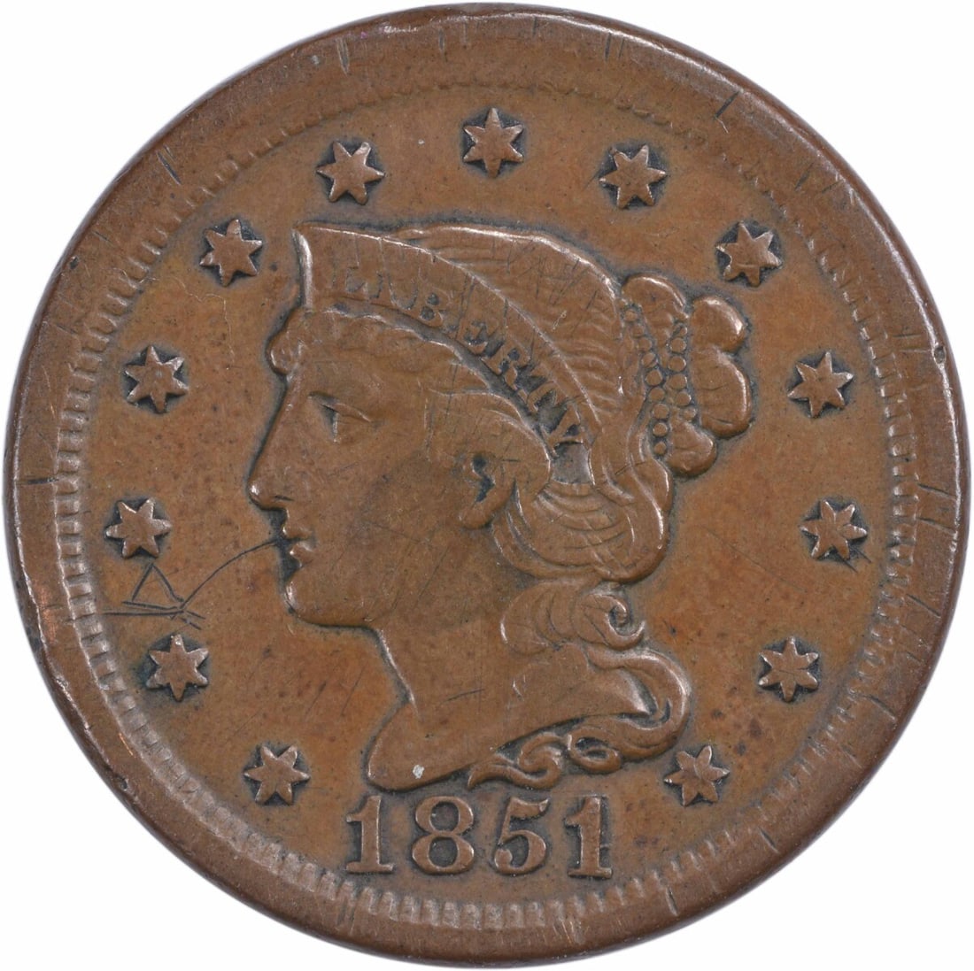1851 Large Cent Braided Hair Copper Coin Christian Gobrecht: 1851 Large Cent Braided Hair Copper Coin Christian Gobrecht This 1851 Large Cent features the Braided Hair design, created by the renowned designer Christian Gobrecht. Minted in Philadelphia, this coi