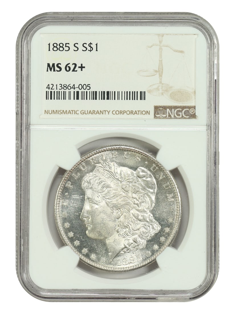 NGC MS62 Plus 1885 San Francisco Morgan Silver Dollar: NGC MS62 Plus 1885 San Francisco Morgan Silver Dollar This 1885-S Morgan Dollar is graded MS62+ by NGC and remains in uncirculated condition. Struck at the San Francisco Mint, this classic U.S. silver
