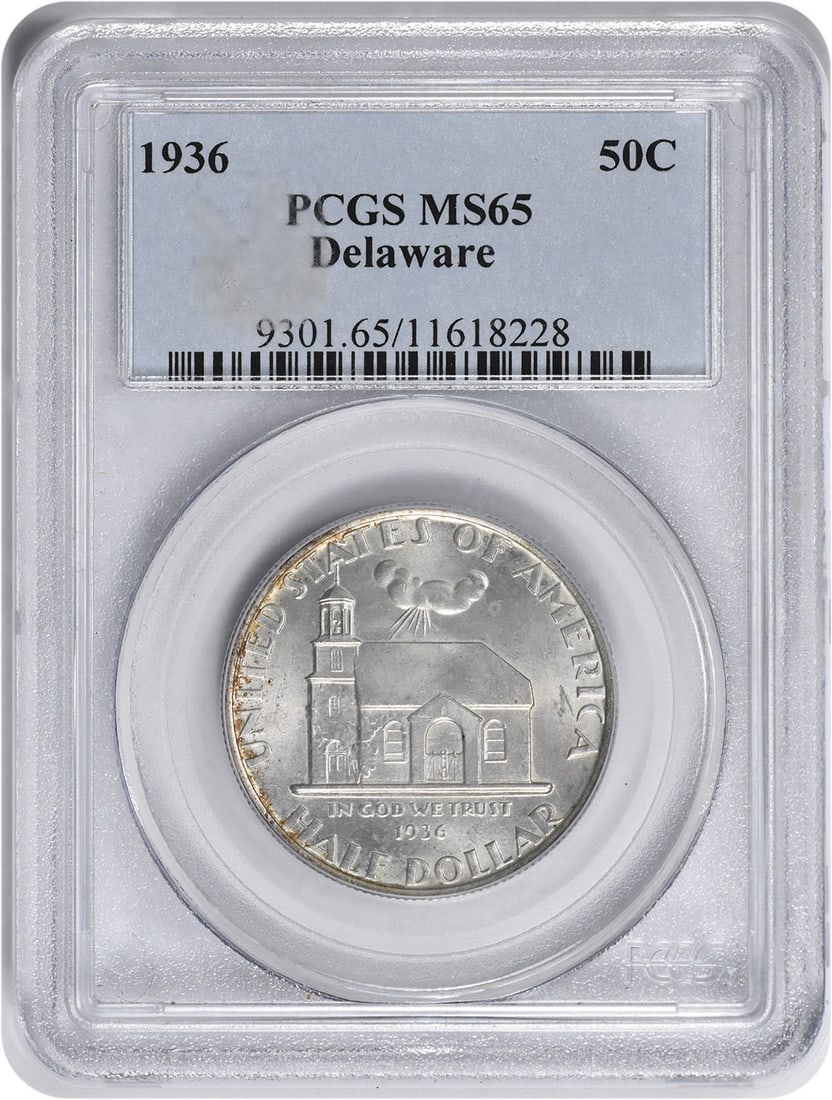 1936 Delaware Commemorative Silver Half Dollar MS65 PCGS Uncirculated: 1936 Delaware Commemorative Silver Half Dollar MS65 PCGS Uncirculated This 1936 Delaware Commemorative Silver Half Dollar is a stunning piece for any collector. Graded MS65 by PCGS, this coin is in un