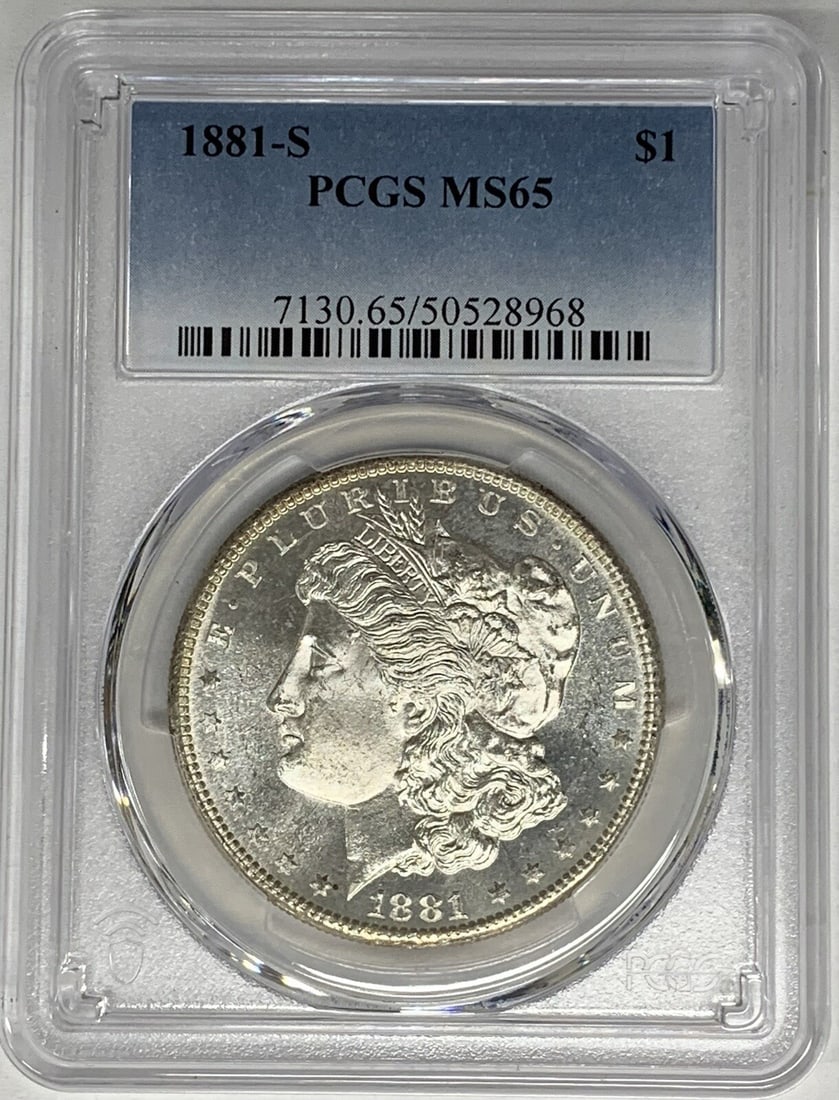 PCGS MS65 1881-S Morgan Dollar Proof Like Silver Uncirculated Coin: PCGS MS65 1881-S Morgan Dollar Proof Like Silver Uncirculated Coin This is an 1881-S Morgan Silver Dollar from the United States, featuring a Proof-Like obverse. The coin is uncirculated and certified