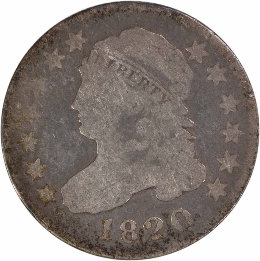 1820 Capped Bust Dime Small 0 Philadelphia Silver 10C Uncertified: 1820 Capped Bust Dime Small 0 Philadelphia Silver 10C Uncertified This is an 1820 Capped Bust silver dime from the Philadelphia Mint. The coin is circulated and uncertified, with a grade of G. Designe