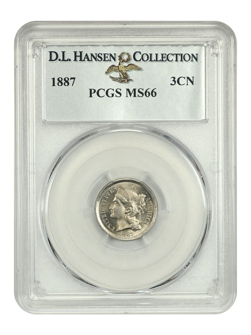 1887 Three Cent Nickel PCGS MS66 D.L. Hansen Registry Quality: 1887 Three Cent Nickel PCGS MS66 D.L. Hansen Registry Quality This 1887 Three Cent Nickel (3CN) is certified by PCGS with a grade of MS66, indicating its uncirculated condition and outstanding quality
