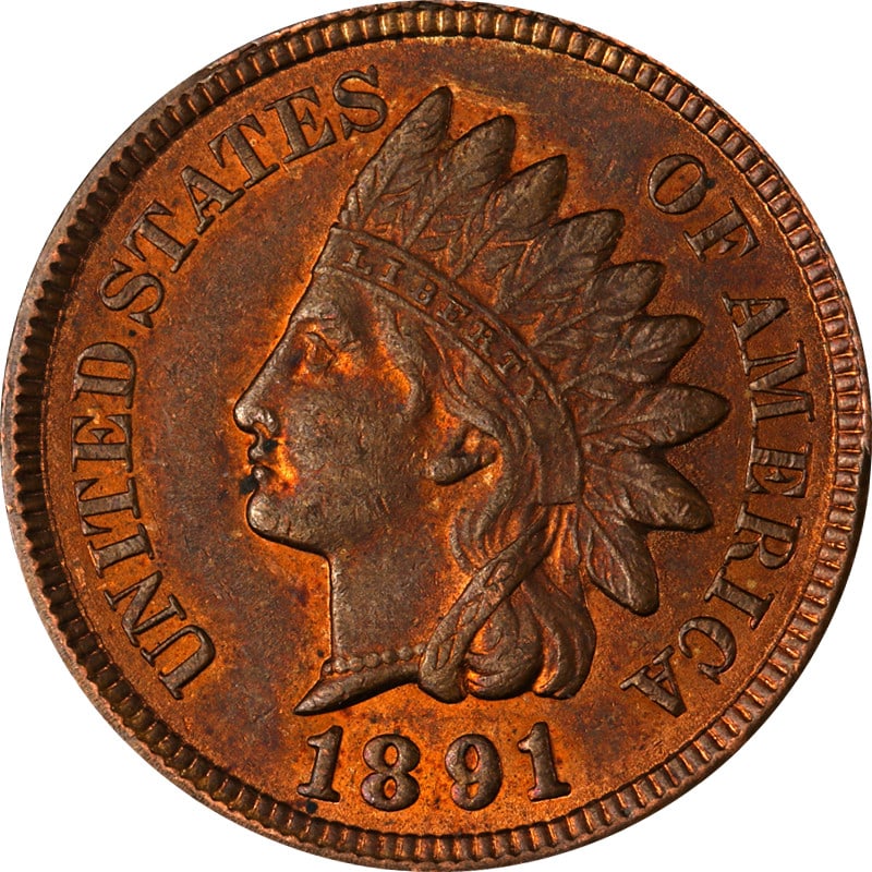 1891 Copper United States Indian Head Cent Coin: 1891 Copper United States Indian Head Cent Coin This is an 1891 Indian Cent from the United States, composed of copper. The coin is circulated and uncertified, making it a pre-owned collectible. Speci