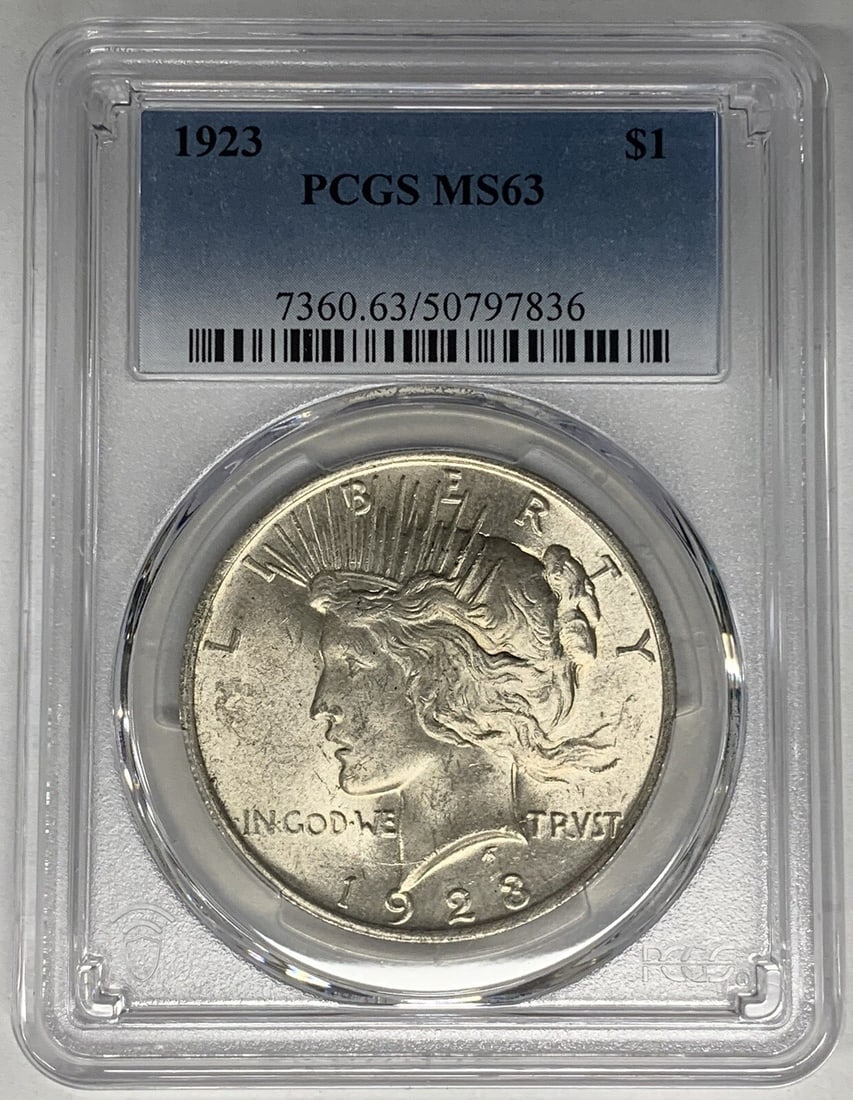 PCGS MS 63 Peace Dollar Silver Coin 1923 Certified Uncirculated: PCGS MS 63 Peace Dollar Silver Coin 1923 Certified Uncirculated This 1923 Peace Silver Dollar coin is certified by PCGS with a grade of MS 63. The coin is uncirculated and features a $1 denomination. 