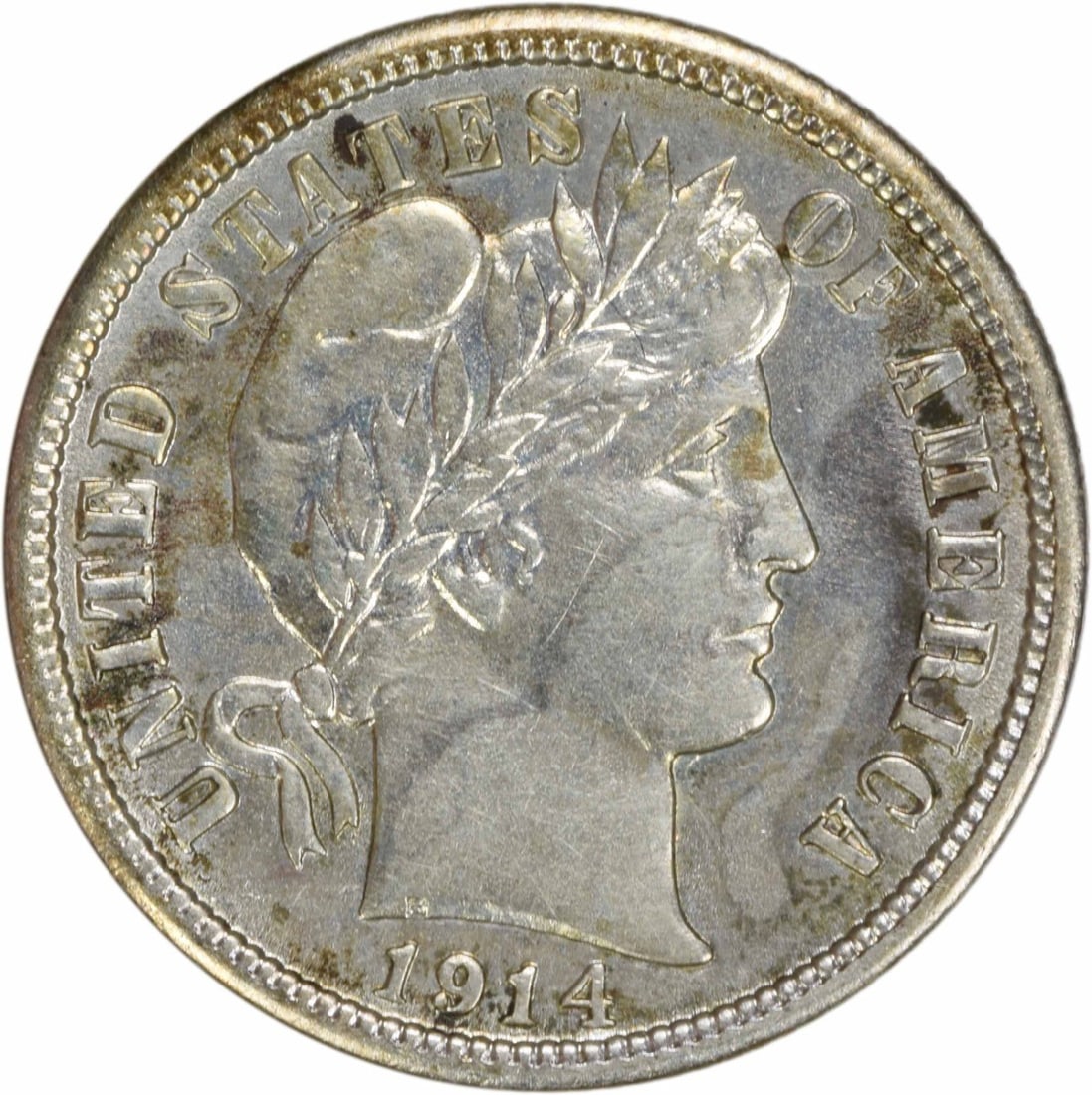 1914 Barber Silver Dime AU Uncertified 90% Silver 10C Coin: 1914 Barber Silver Dime AU Uncertified 90% Silver 10C Coin This 1914 Barber Silver Dime is a remarkable piece of American coinage. Struck in Philadelphia, this coin showcases the artistry of designer 