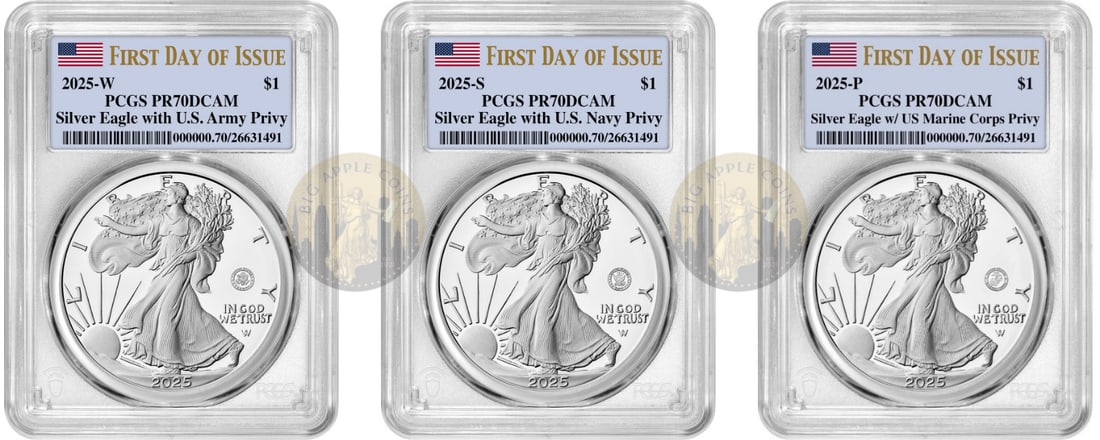 2025 PR70 Army Navy Marine Proof Silver Eagle 3 Coin Privy Set PCGS: 2025 PR70 Army Navy Marine Proof Silver Eagle 3 Coin Privy Set PCGS This 2025 American Eagle coin is a stunning representation of U.S. craftsmanship, featuring a Proof strike with a remarkable PR 70 g
