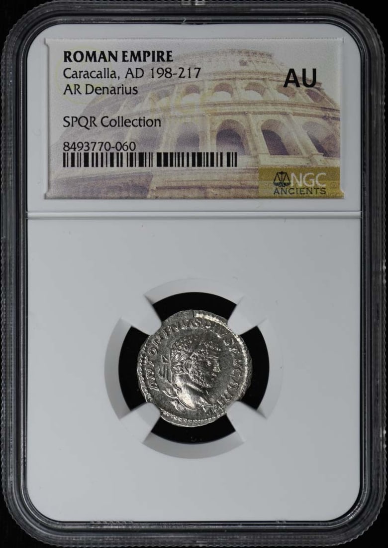 Roman Denarius Silver Coin Caracalla NGC AU Certified: Roman Denarius Silver Coin Caracalla NGC AU Certified This Roman Empire AR Denarius dates from the reign of Caracalla, AD 198-217. The coin has been certified and graded AU (About Uncirculated) by NGC