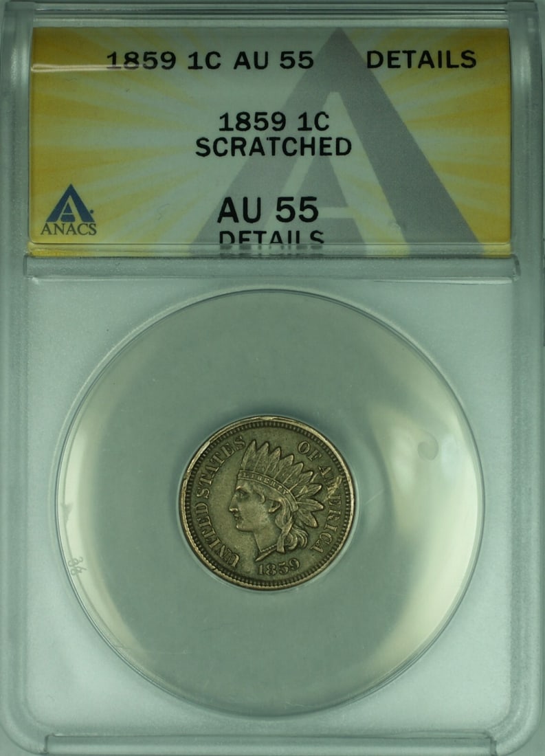 1859 Indian Head Small Cent ANACS AU-55 Details Scratched Coin: 1859 Indian Head Small Cent ANACS AU-55 Details Scratched Coin 1859 Indian Head Cent graded AU-55 Details by ANACS with noted scratches. This circulated small cent was minted in Philadelphia. Specific
