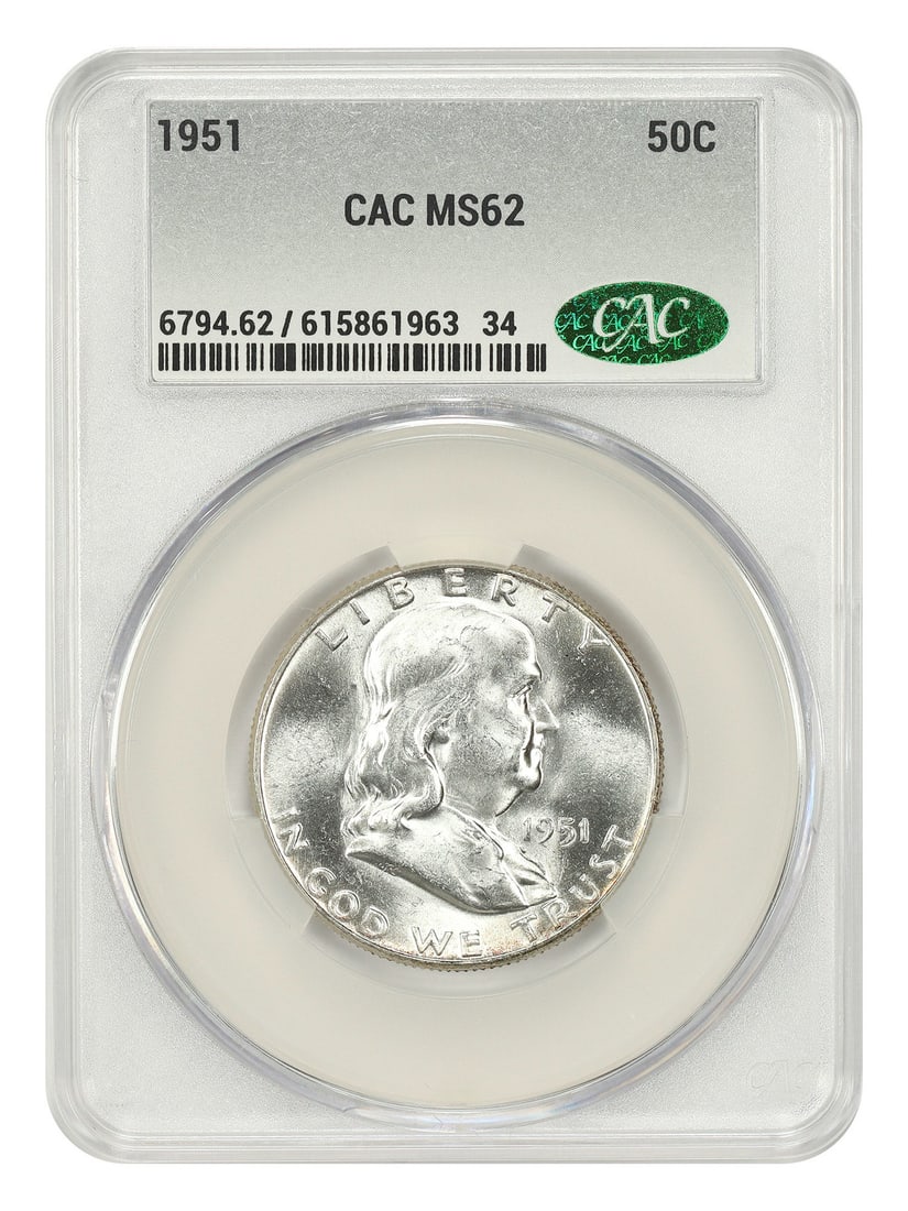 1951 Philadelphia Franklin Half Dollar CACG MS62 Certified: 1951 Philadelphia Franklin Half Dollar CACG MS62 Certified This is a 1951 Franklin Half Dollar graded MS62 by CACG. The coin is uncirculated and was minted in Philadelphia. It belongs to the Franklin 