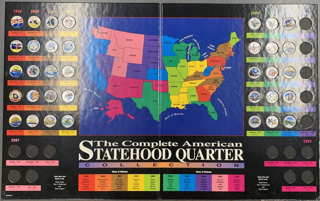 35 Piece Colorized State Quarters Set 1999-2008 in Presentation Folder: 35 Piece Colorized State Quarters Set 1999-2008 in Presentation Folder This is a collection of 35 colorized Washington Statehood quarters, issued between 1999 and 2008. The coins are uncirculated and 