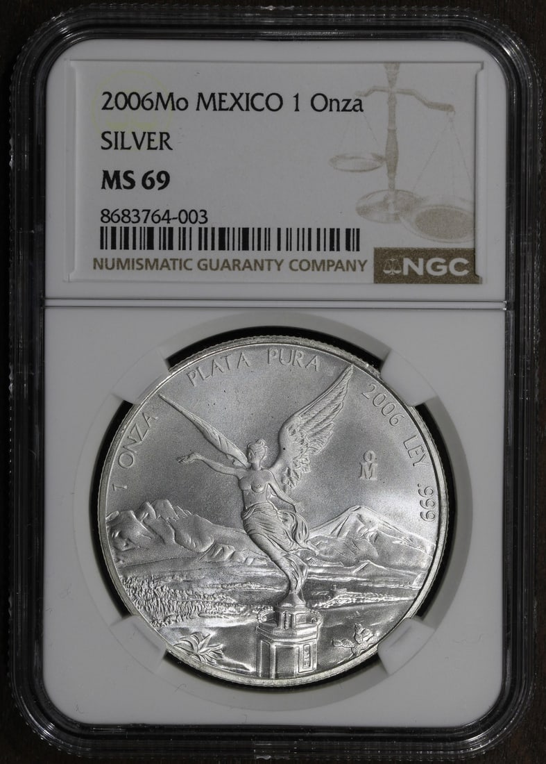 NGC MS69 2006 Mexico 1oz Silver Libertad Key Date Coin: NGC MS69 2006 Mexico 1oz Silver Libertad Key Date Coin This 2006-Mo Mexico Libertad 1oz Silver Onza is a key date coin graded MS 69 by NGC. Struck in .999 fine silver, it is uncirculated and comes cer