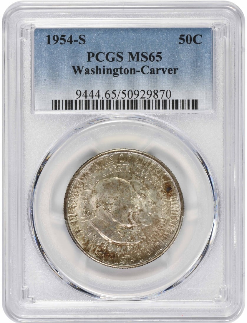 1954-S Washington-Carver Commemorative Half Dollar MS65 PCGS 90% Silver: 1954-S Washington-Carver Commemorative Half Dollar MS65 PCGS 90% Silver This 1954-S Washington-Carver Commemorative Half Dollar is a stunning piece with a grade of MS65, certified by PCGS. Struck in S