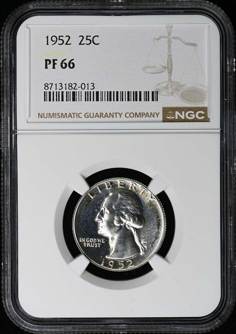 1952 Proof Washington Quarter NGC Certified PR66: 1952 Proof Washington Quarter NGC Certified PR66 This 1952 Washington Quarter is a proof strike coin graded PR66 by NGC. It remains uncirculated and was minted in Philadelphia. The coin is a pre-owned