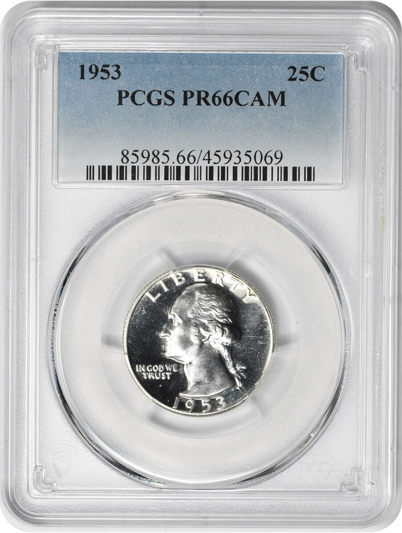 1953 Washington Quarter PR66CAM Uncirculated PCGS 90% Silver: 1953 Washington Quarter PR66CAM Uncirculated PCGS 90% Silver This 1953 Washington Quarter is a stunning example of American numismatic craftsmanship, graded PR66 by PCGS, indicating its high quality a