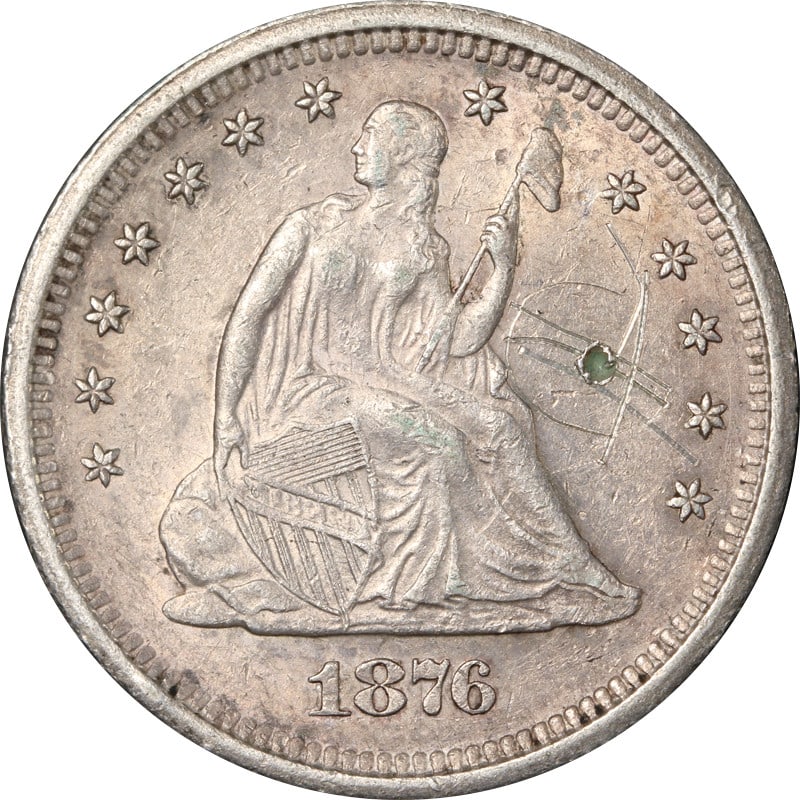 1876-S Seated Liberty Quarter Silver Circulated Coin: 1876-S Seated Liberty Quarter Silver Circulated Coin This 1876-S Seated Liberty Quarter is a noteworthy piece for collectors. It is circulated and features a composition of silver with a fineness of 0