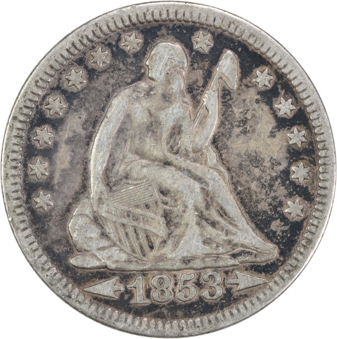 1853 Liberty Seated Silver Quarter 25C VF Uncertified Arrows Rays: 1853 Liberty Seated Silver Quarter 25C VF Uncertified Arrows Rays Discover the historical significance of the 1853 Liberty Seated Silver Quarter featuring Arrows and Rays. This coin, designed by Rober