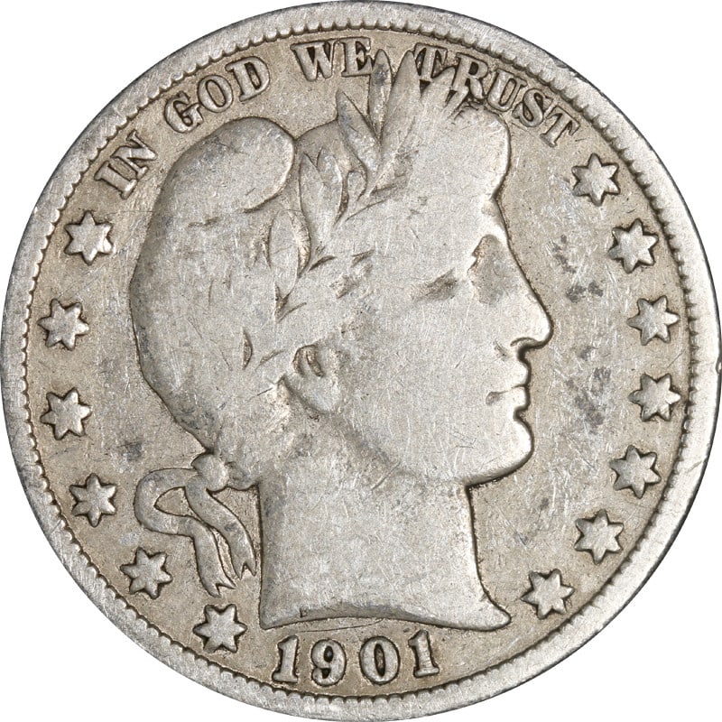 1901 New Orleans Mint Silver Barber Half Dollar United States Coin: 1901 New Orleans Mint Silver Barber Half Dollar United States Coin This is a 1901-O Barber Half Dollar coin from the United States. It is composed of silver with a fineness of 0.9. The coin was minted