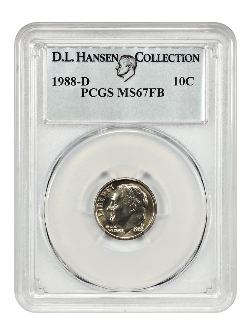 PCGS MS67FB 1988-D Roosevelt Dime ex D L Hansen: PCGS MS67FB 1988-D Roosevelt Dime ex D L Hansen This is a 1988-D Roosevelt Dime graded MS67FB by PCGS, indicating a Mint State coin with Full Bands detail. The coin was struck at the Denver Mint and i