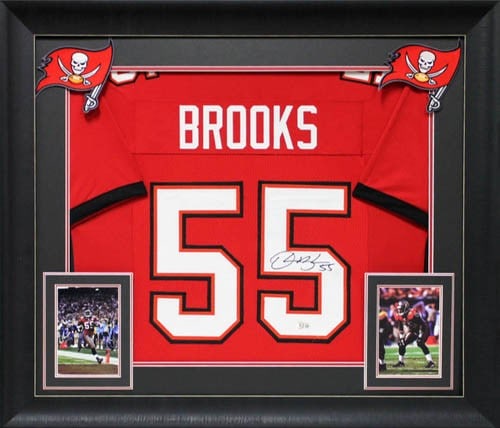Framed Red Throwback Jersey Signed by Derrick Brooks Beckett Authenticated: Framed Red Throwback Jersey Signed by Derrick Brooks Beckett Authenticated This professionally framed red throwback pro style jersey has been personally signed by Derrick Brooks of the Tampa Bay Bucca