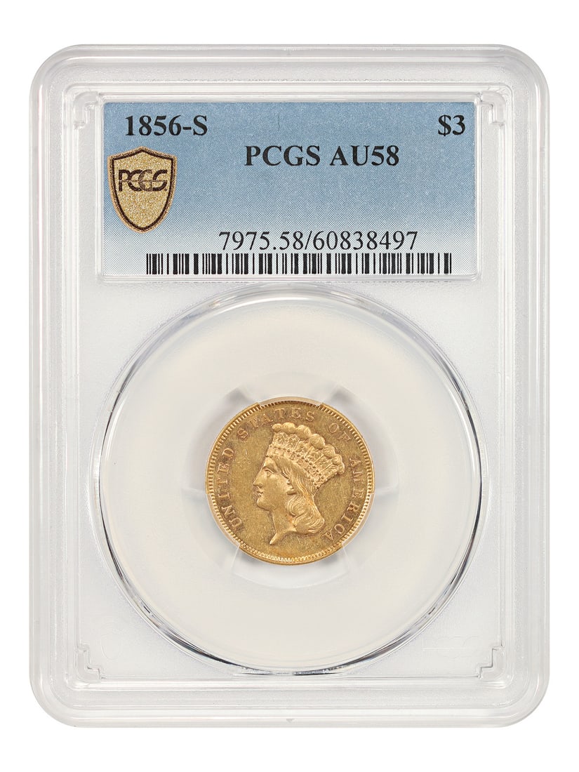 1856 San Francisco $3 Gold Princess Coin PCGS AU58 Low Mintage: 1856 San Francisco $3 Gold Princess Coin PCGS AU58 Low Mintage This 1856-S Three Dollar Gold Princess coin is graded AU58 by PCGS and originates from the San Francisco Mint. With a low mintage of only