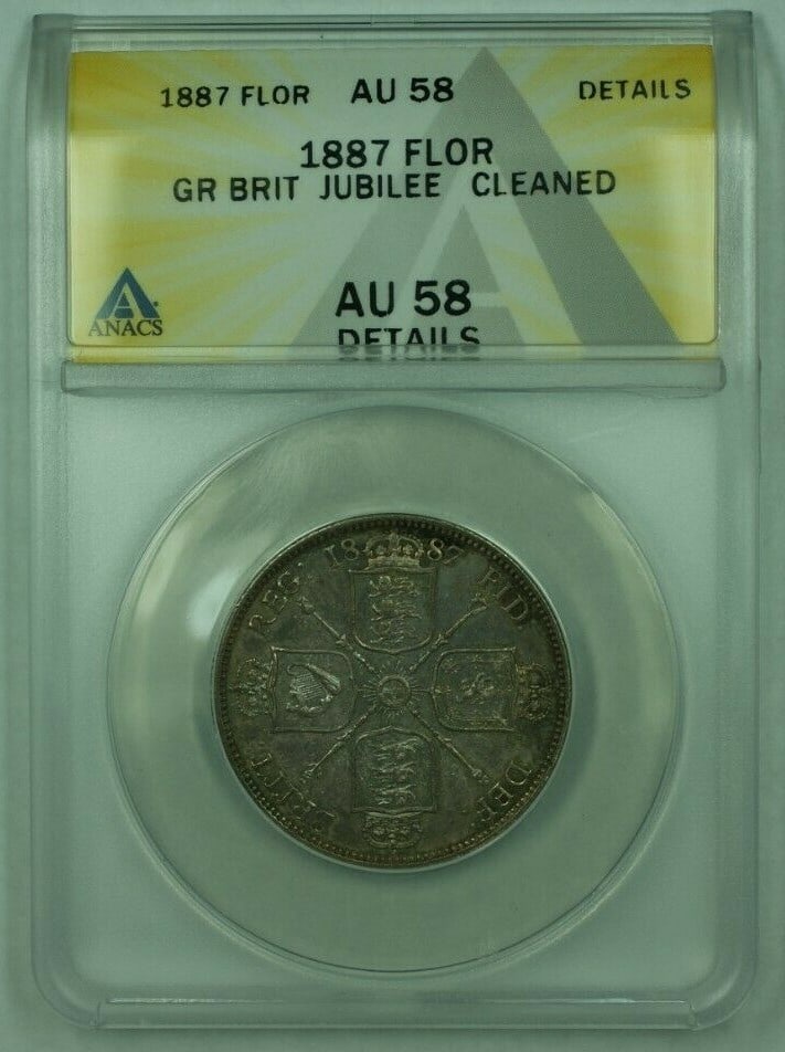 1887 United Kingdom Silver Two Shillings ANACS AU-58 Details Cleaned: 1887 United Kingdom Silver Two Shillings ANACS AU-58 Details Cleaned This 1887 Great Britain Jubilee Florin is a two shilling coin from the United Kingdom, graded AU-58 Details by ANACS. The coin is c