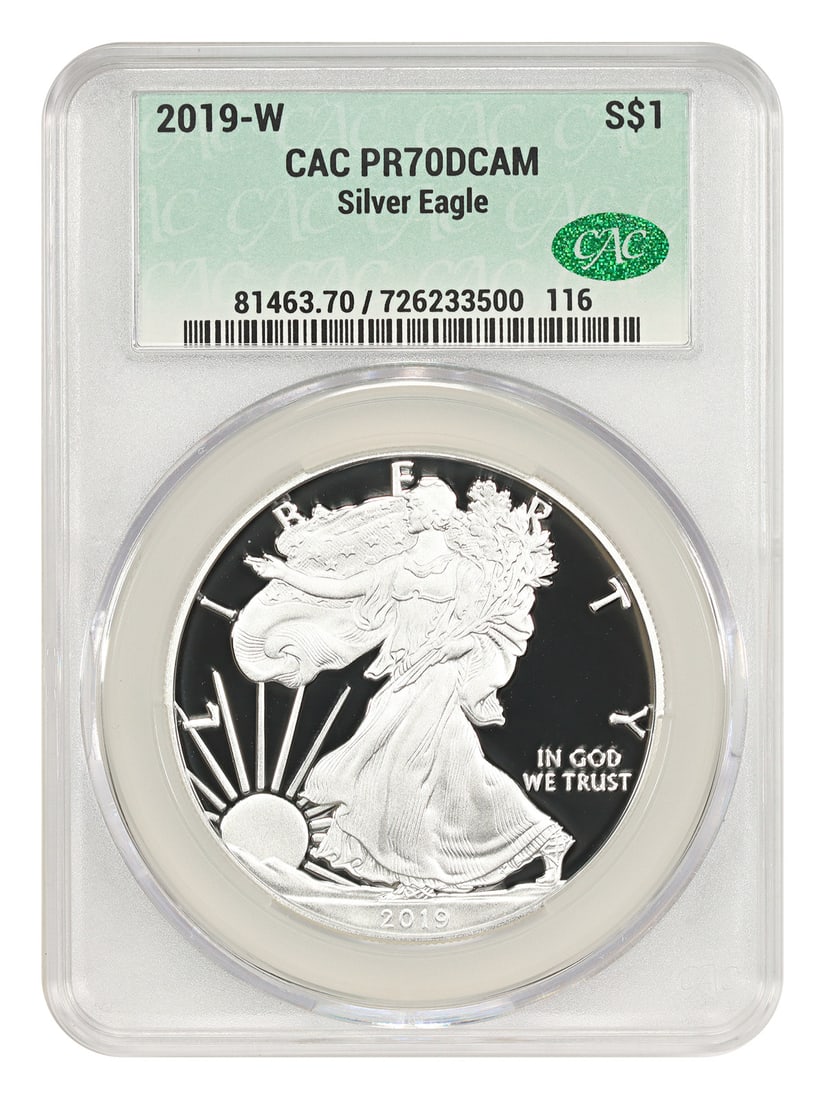 CACG PR70DCAM 2019 West Point Proof Silver Eagle Dollar: CACG PR70DCAM 2019 West Point Proof Silver Eagle Dollar This 2019-W $1 Silver Eagle is a proof coin graded PR70 Deep Cameo (DCAM) by CACG. Struck at the West Point Mint, this uncirculated coin is part