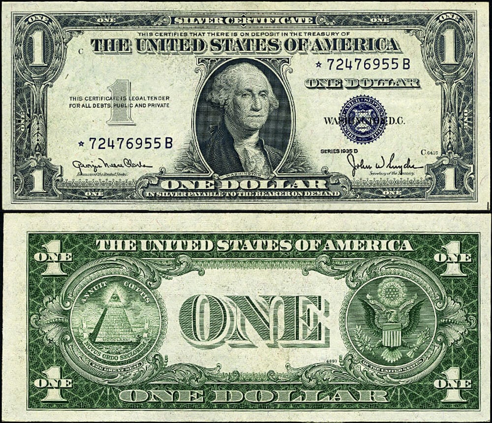 1935-D $1 Uncirculated Silver Certificate FR. 1613 W* Choice CU+ Star: 1935-D $1 Uncirculated Silver Certificate FR. 1613 W* Choice CU+ Star This 1935-D $1 Silver Certificate (FR. 1613 W*) is a stunning example of U.S. currency, graded Choice CU+. It features excellent p