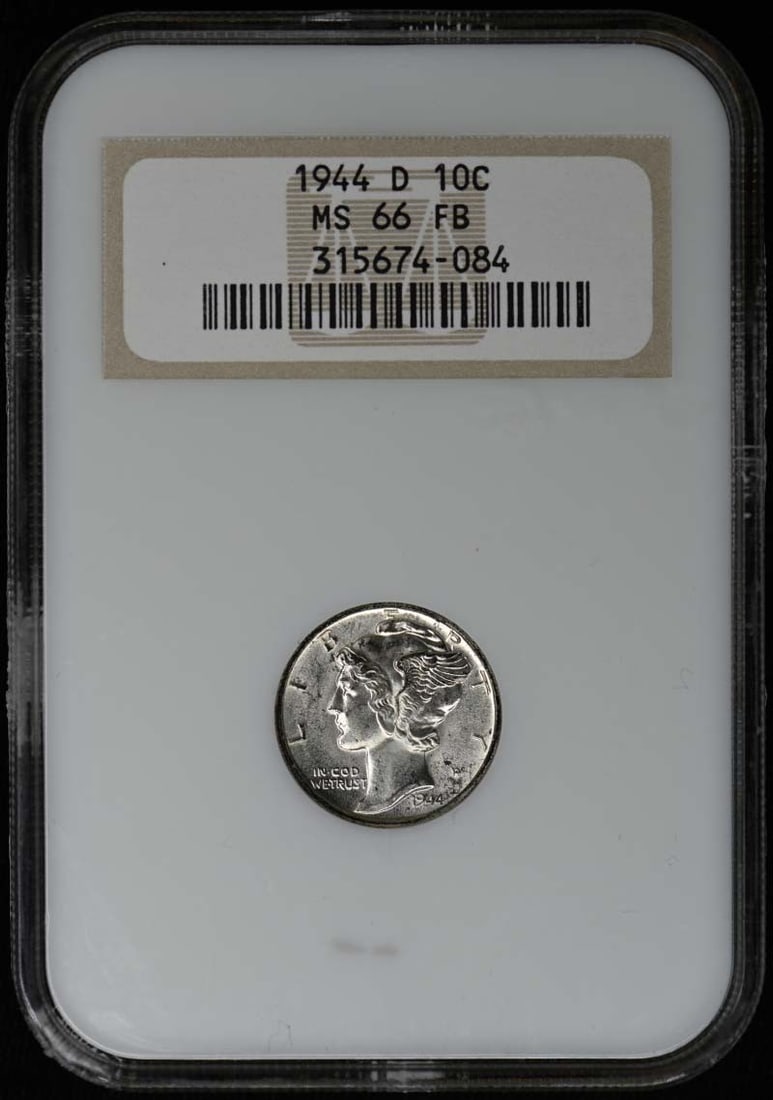 NGC MS66 Full Bands 1944 Denver Mercury Dime Ten Cent Coin: NGC MS66 Full Bands 1944 Denver Mercury Dime Ten Cent Coin This is a 1944-D Mercury Dime graded MS66FB by NGC. Struck at the Denver Mint, this uncirculated coin features the classic Mercury Dime desig