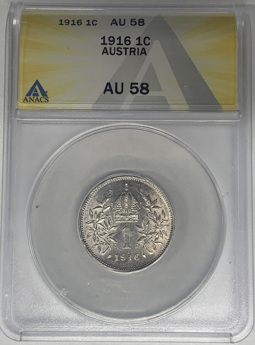 Silver 1916 Austria 1 Corona Coin Graded AU 58 by ANACS: Silver 1916 Austria 1 Corona Coin Graded AU 58 by ANACS This 1916 Austria 1 Corona coin is composed of silver and has been graded AU 58 by ANACS. Issued in Austria, the coin is a pre-owned collectible
