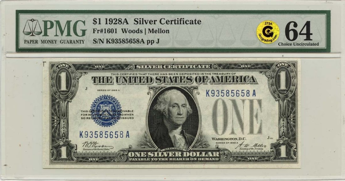 PMG Certified 1928A Silver Certificate FR1601 Uncirculated CU64 Note: PMG Certified 1928A Silver Certificate FR1601 Uncirculated CU64 Note This is a 1928A $1 Silver Certificate from the United States, graded MS64 by PMG. The note is uncirculated and comes with PMG certi