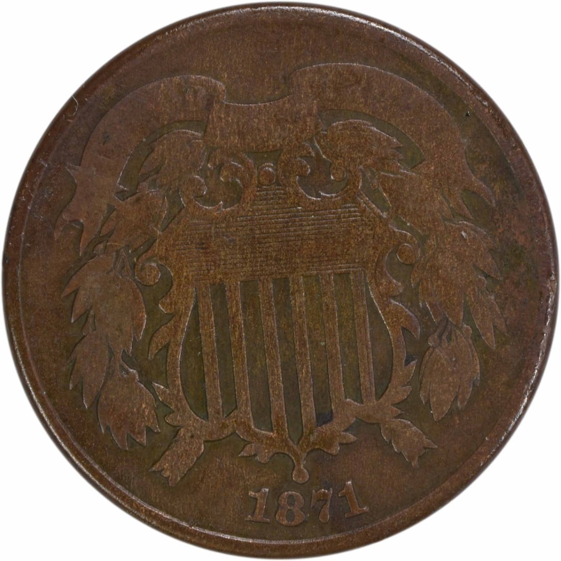 1871 Two Cent Piece Bronze Coin VG Uncertified Philadelphia Mint: 1871 Two Cent Piece Bronze Coin VG Uncertified Philadelphia Mint This 1871 Two Cent Piece is a remarkable piece of American numismatic history, showcasing the craftsmanship of designer James Barton Lo