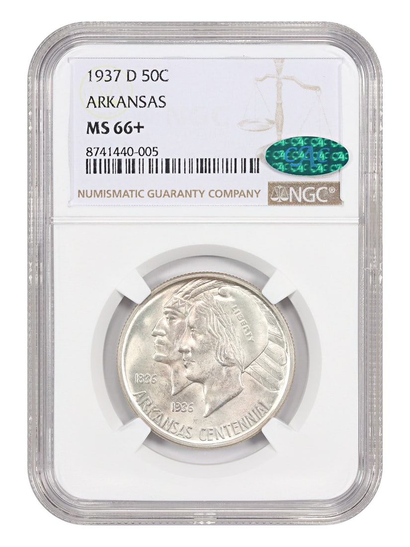 Arkansas Half Dollar 1937-D NGC CAC MS66 Plus Classic Silver Commemorative: Arkansas Half Dollar 1937-D NGC CAC MS66 Plus Classic Silver Commemorative This 1937-D Arkansas 50C Classic Silver Commemorative coin is certified by NGC with a CAC sticker and graded MS66+. Issued to