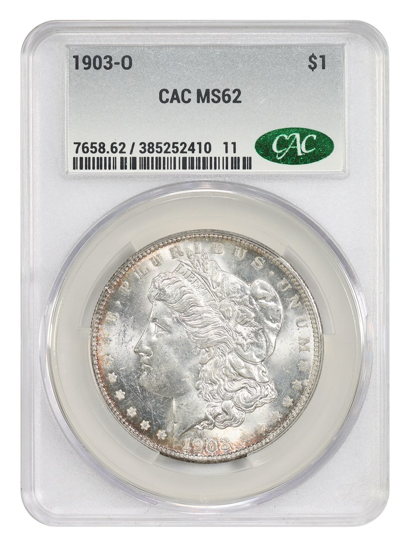 1903 New Orleans Morgan Silver Dollar CACG MS62 Low Mintage: 1903 New Orleans Morgan Silver Dollar CACG MS62 Low Mintage This is a 1903-O Morgan Dollar with a low mintage, certified by CACG and graded MS62. Struck at the New Orleans Mint, this uncirculated coin
