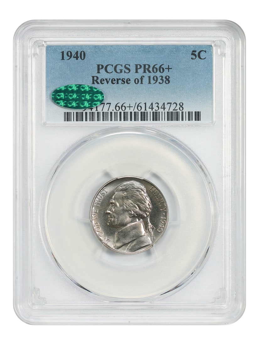 1940 Jefferson Nickel Proof PR66 Plus PCGS CAC Reverse of 1938: 1940 Jefferson Nickel Proof PR66 Plus PCGS CAC Reverse of 1938 This is a 1940 Jefferson Nickel, featuring the Reverse of 1938 design. Graded PR66+ by PCGS and verified by CAC, this proof coin was stru