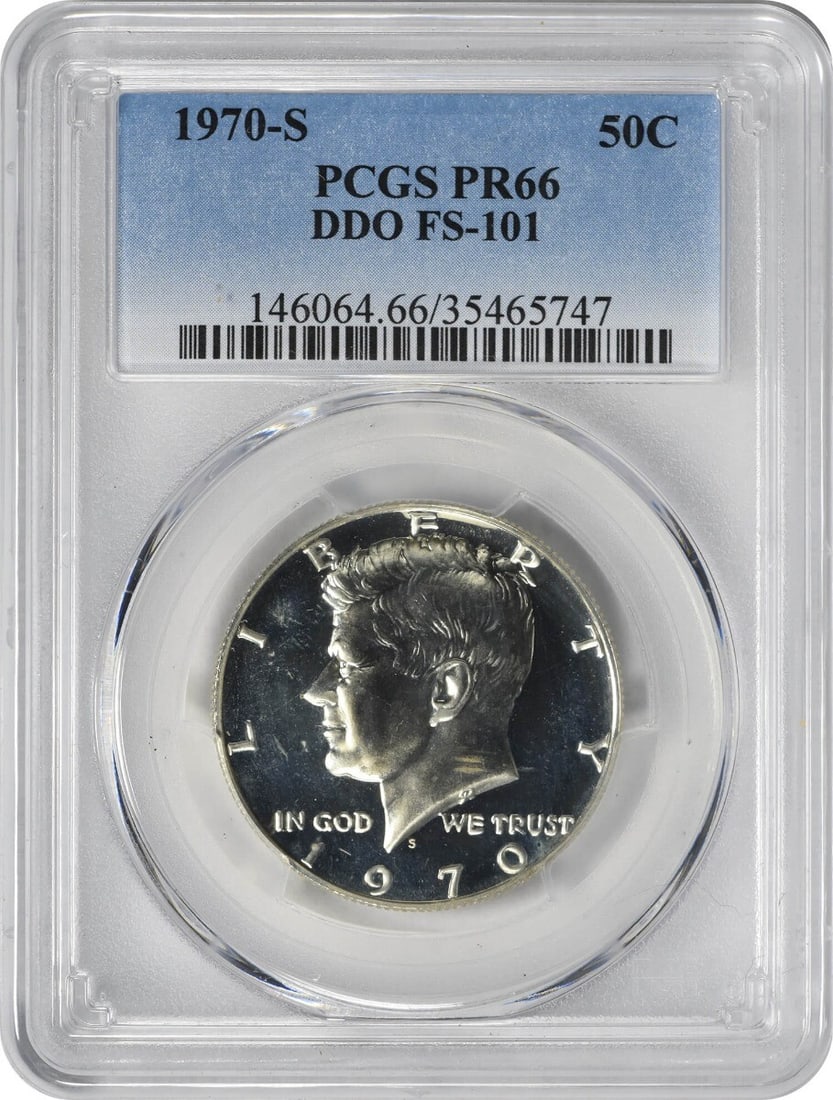1970-S Kennedy Half Dollar DDO FS-101 PR66 PCGS Uncirculated: 1970-S Kennedy Half Dollar DDO FS-101 PR66 PCGS Uncirculated This 1970-S Kennedy Silver Clad Half Dollar showcases exceptional details with a PR66 grade from PCGS. Struck at the San Francisco mint, th