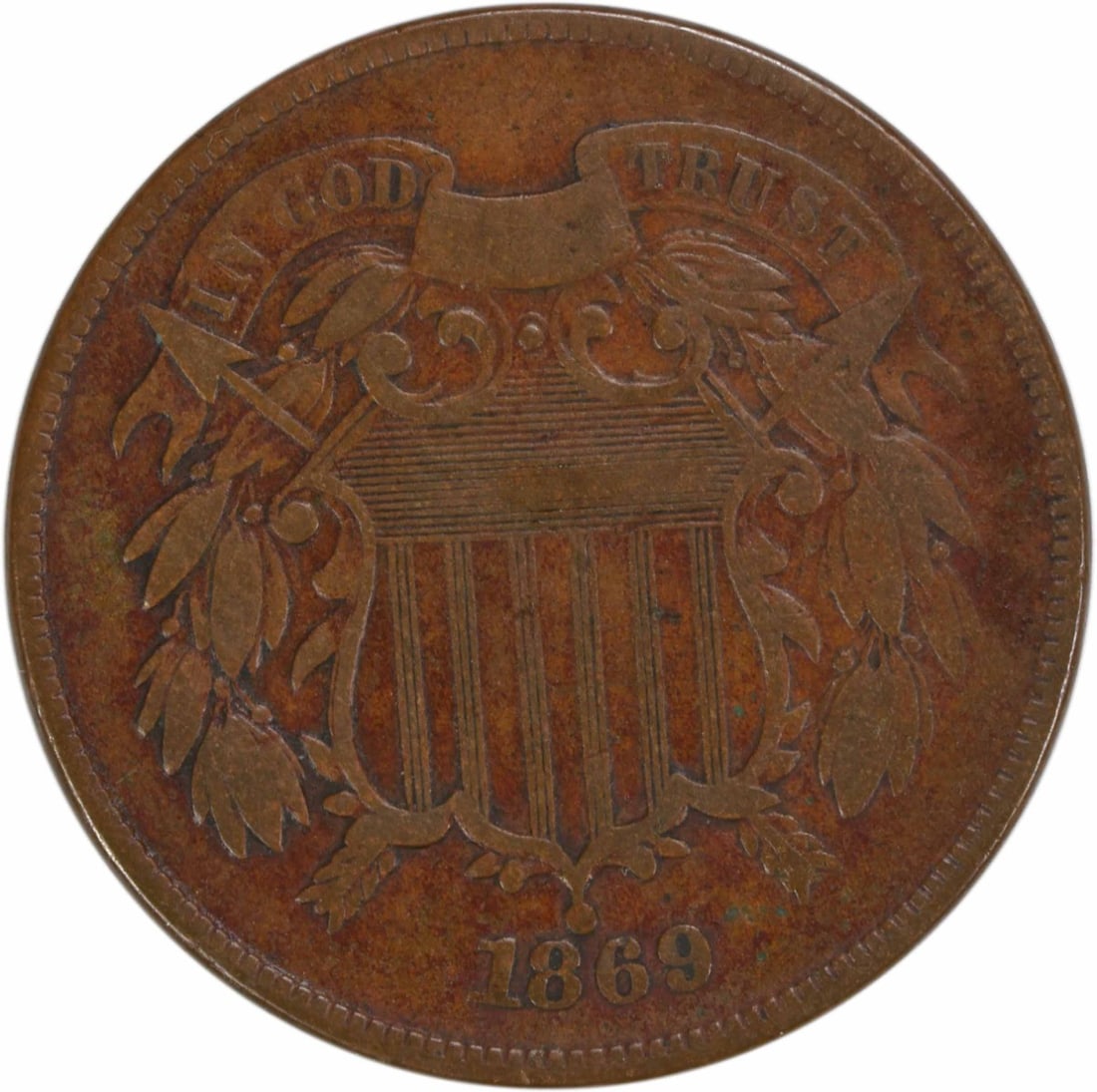 1869 Two Cent Coin VF Bronze James Longacre Design (1 of 2)