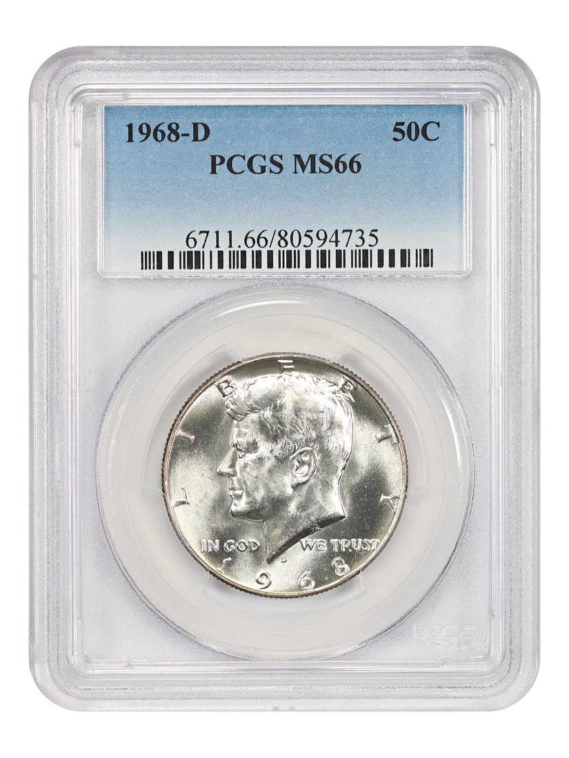 PCGS MS66 1968-D Kennedy Half Dollar Uncirculated 50C: PCGS MS66 1968-D Kennedy Half Dollar Uncirculated 50C This 1968-D Kennedy Half Dollar is graded MS66 by PCGS and originates from the Denver Mint. It is an uncirculated coin from the Kennedy Half Dolla