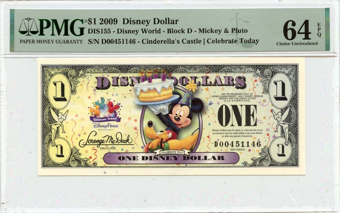 Uncirculated 2009 Disney Dollar Mickey Pluto Cinderella Castle PMG Certified (1 of 2)