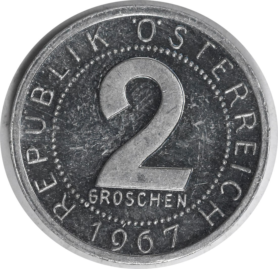 1967 Austria 2 Groschen Coin KM2876 Only 13000 Minted: 1967 Austria 2 Groschen Coin KM2876 Only 13000 Minted This 1967 Austria 2 Groschen coin is a noteworthy piece for collectors, featuring a proof finish and a limited mintage of only 13,000 units. Craft