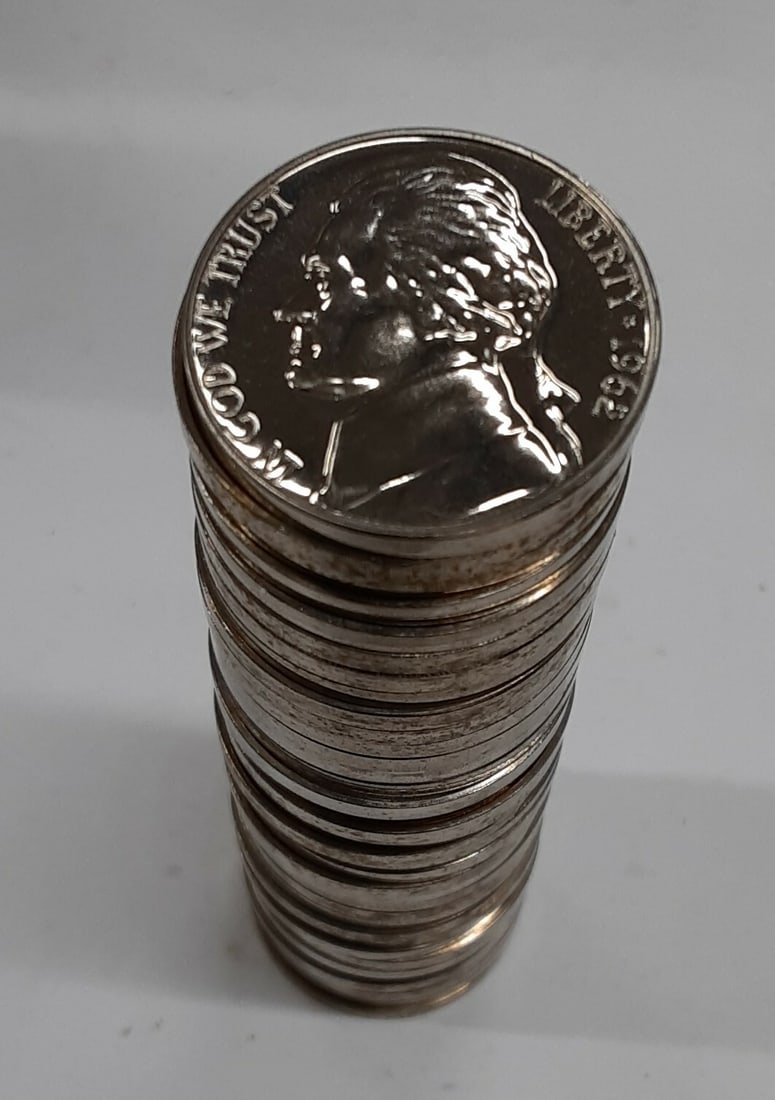 Roll of 40 Uncirculated 1962 Proof Jefferson Nickels in Tube: Roll of 40 Uncirculated 1962 Proof Jefferson Nickels in Tube This is a roll of 40 gem proof 1962 Jefferson nickels, each struck in Philadelphia. The coins are composed of copper-nickel and remain unci
