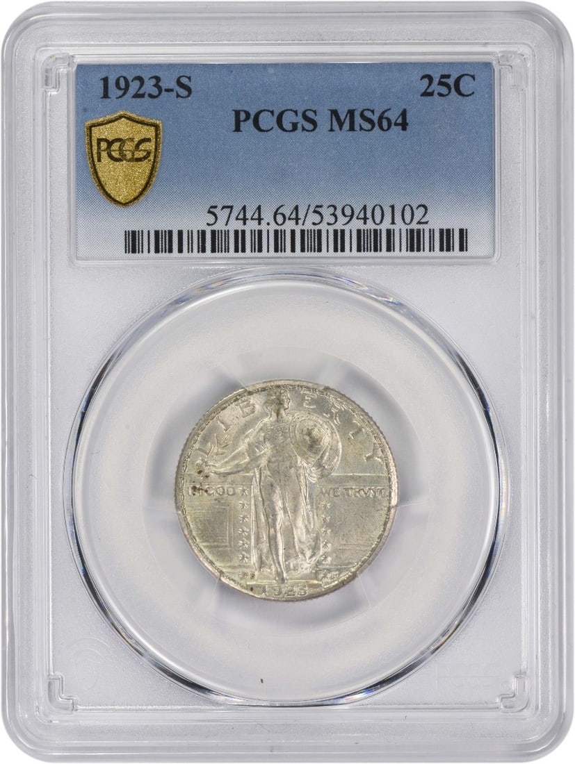 1923-S Standing Liberty Quarter MS64 PCGS Uncirculated 90% Silver: 1923-S Standing Liberty Quarter MS64 PCGS Uncirculated 90% Silver This 1923-S Standing Liberty Silver Quarter is an exquisite collectible, certified MS64 by PCGS, showcasing its uncirculated condition