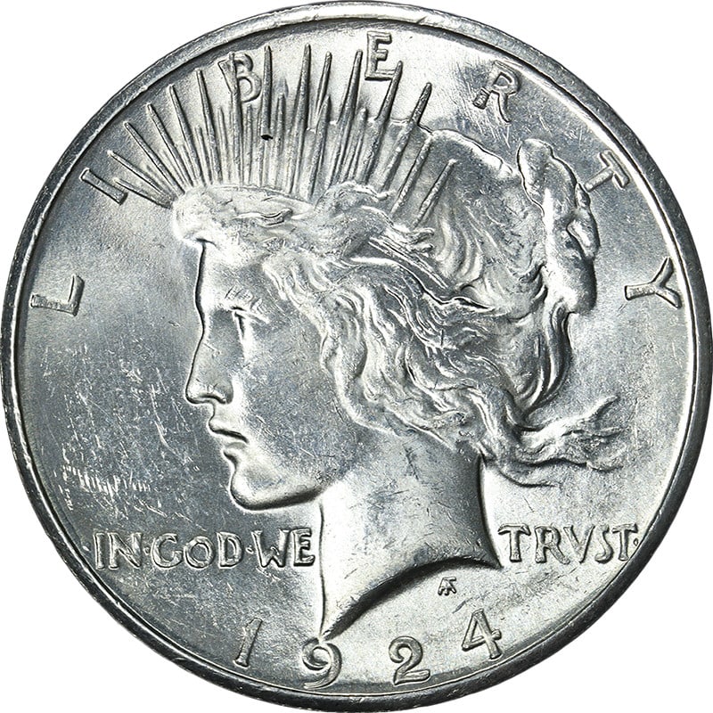 1924 San Francisco Mint Peace Silver Dollar Brilliant Uncirculated: 1924 San Francisco Mint Peace Silver Dollar Brilliant Uncirculated This 1924-S Peace Dollar is a silver coin from the United States minted in San Francisco. It is in uncirculated condition with a brig
