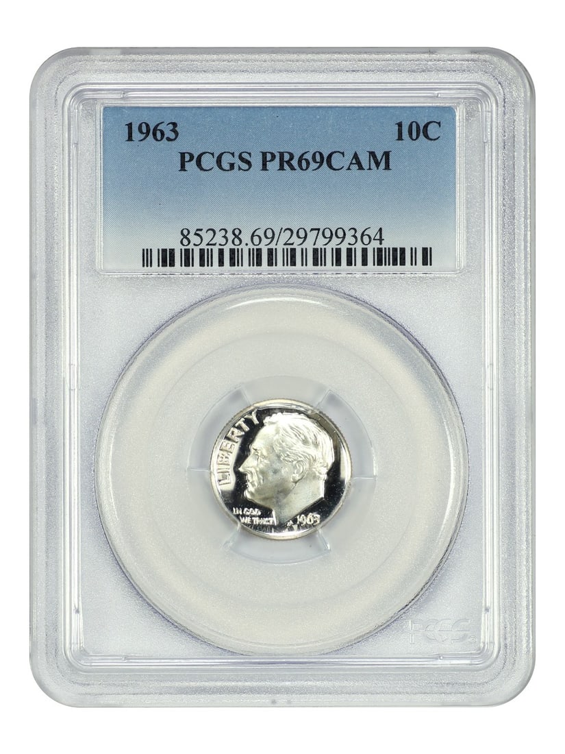 PCGS PR69CAM 1963 Roosevelt Dime 10C Proof Philadelphia: PCGS PR69CAM 1963 Roosevelt Dime 10C Proof Philadelphia This is a 1963 Roosevelt Dime with a denomination of 10 cents, graded PR69CAM by PCGS. Featuring a cameo finish and struck in proof, this uncirc