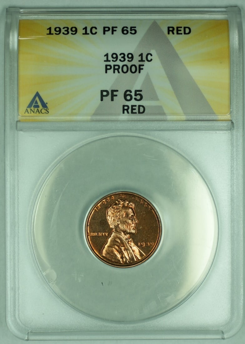 ANACS PR 65 RD 1939 Proof Lincoln Wheat Small Cent Coin: ANACS PR 65 RD 1939 Proof Lincoln Wheat Small Cent Coin This is a 1939 Proof Lincoln Wheat Cent 1C coin, graded PR 65 RD by ANACS. The coin is uncirculated and features a red (RD) coloration. It is a 