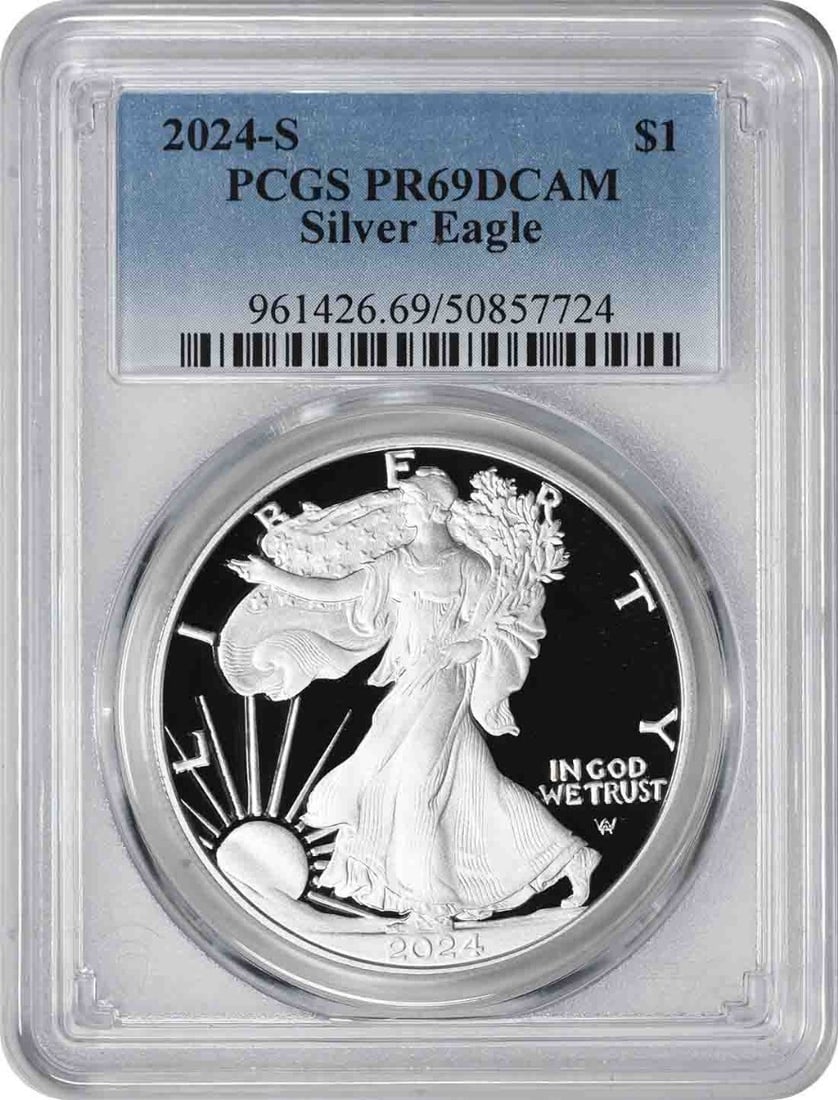 2024-S American Silver Eagle PR69DCAM PCGS Proof Coin: 2024-S American Silver Eagle PR69DCAM PCGS Proof Coin This 2024-S American Silver Eagle coin is a stunning collectible featuring a Proof strike and graded PR69DCAM by PCGS. Crafted by the U.S. Mint, i