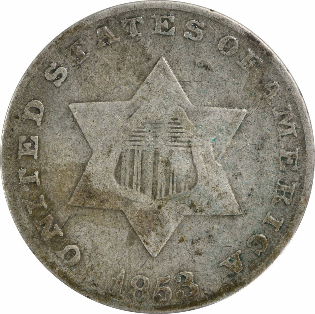 1853 Three Cent Silver Coin Uncertified VG Philadelphia Mint: 1853 Three Cent Silver Coin Uncertified VG Philadelphia Mint This 1853 Three Cent Silver coin is a remarkable piece of American history, featuring a design by James Barton Longacre. Minted in Philadel