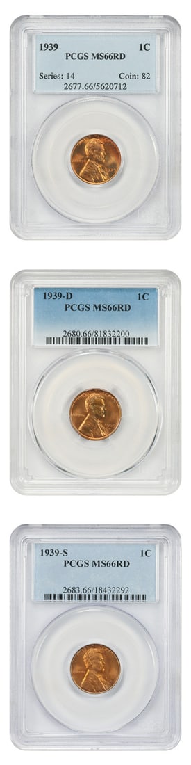 Lincoln Wheat Cent 1939-PDS Trio PCGS MS66 Red Certified: Lincoln Wheat Cent 1939-PDS Trio PCGS MS66 Red Certified This set includes three uncirculated 1939 Lincoln Cents (Wheat Reverse) from the Philadelphia, Denver, and San Francisco mints. Each coin is ce